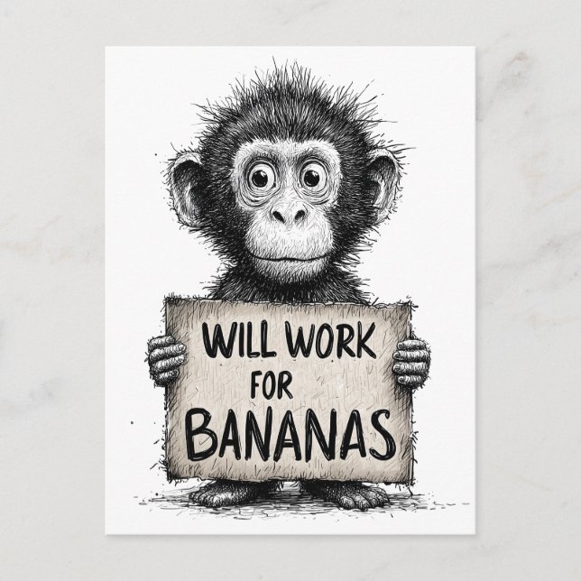 Will Work for Bananas - Humorous Monkey Sketch Postcard (Front)