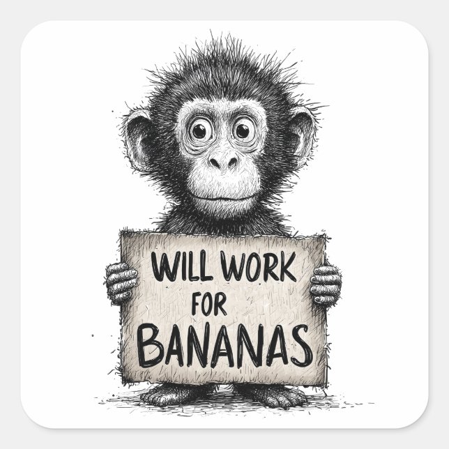 Will Work for Bananas - Humorous Monkey Sketch Square Sticker (Front)