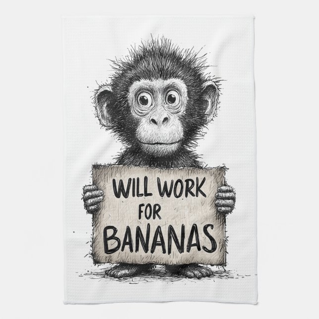 Will Work for Bananas - Humorous Monkey Sketch Tea Towel (Vertical)