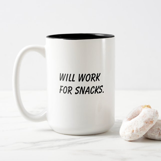 'Will Work For Snacks' Funny Coworker Gift  Two-Tone Coffee Mug (With Donut)