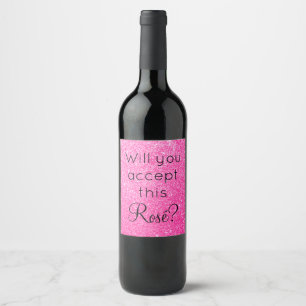 Will You Accept This Rosé Hot Pink Glitter Sparkle Wine Label
