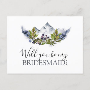 Will You Be Bridesmaid Rustic Mountains Watercolor Announcement Postcard