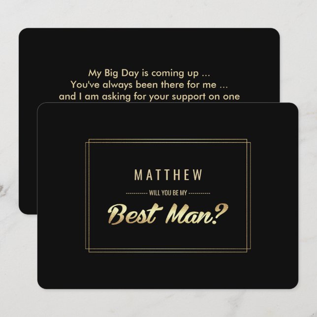 Will you be my Best Man? Black Gold Wedding Invitation (Front/Back)
