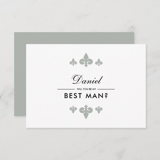 Will you be my Best Man? Fleur-de-lis Grey White Invitation (Front/Back)