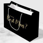 Will You Be My Best Man? Modern Proposal Large Gift Bag<br><div class="desc">"Will You Be My Best Man?" Modern Proposal Gift Bag
features title "Will You Be My Best Man?" in gold modern script font style on black background.

Please Note: The foil details are simulated in the artwork. No actual foil will be used in the making of this product.</div>