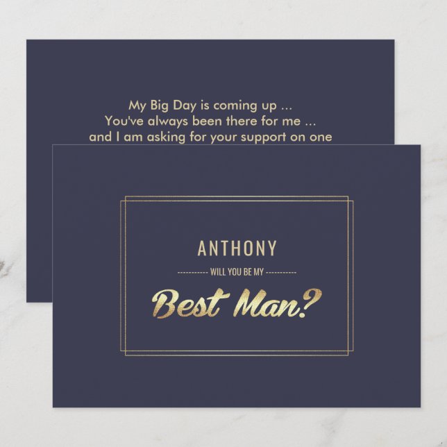 Will you be my Best Man? Navy Blue Gold Wedding Invitation (Front/Back)