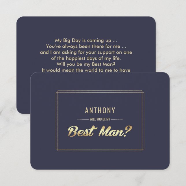 Will you be my Best Man? Navy Blue Gold Wedding Invitation (Front/Back)
