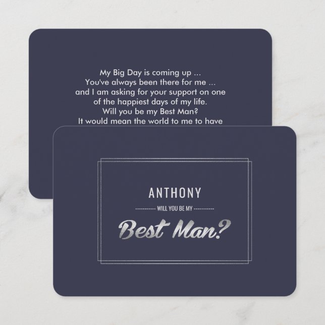 Will you be my Best Man? Navy Blue Silver Wedding Invitation (Front/Back)
