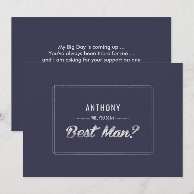 Will you be my Best Man? Navy Blue Silver Wedding Invitation (Front/Back)
