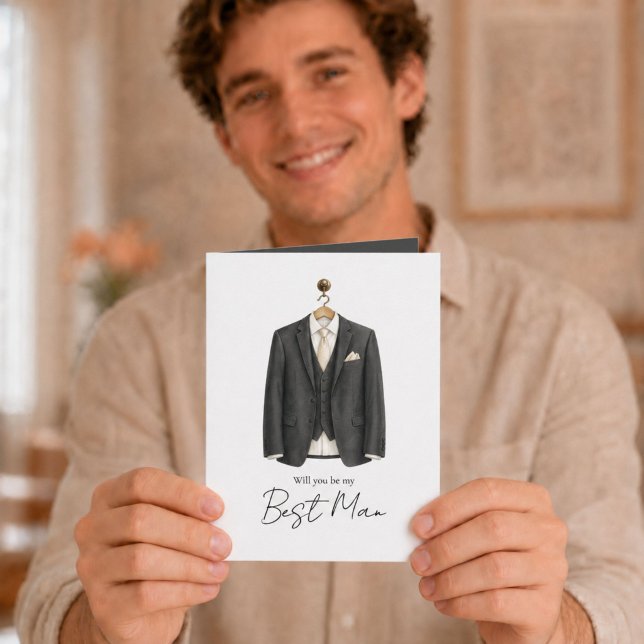 Will You Be My Best Man Suit Proposal  Card (Elegant watercolor Best Man proposal card with charcoal suit and cream accents.)