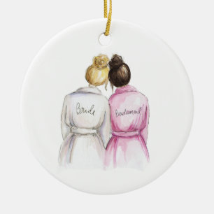 Will you be my BM? Bl Bun Bride Dk Br Bun Maid Ceramic Tree Decoration