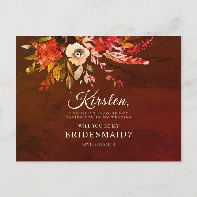 Will You Be My Bridesmaid Autumn Floral Bouquet Postcard (Front)