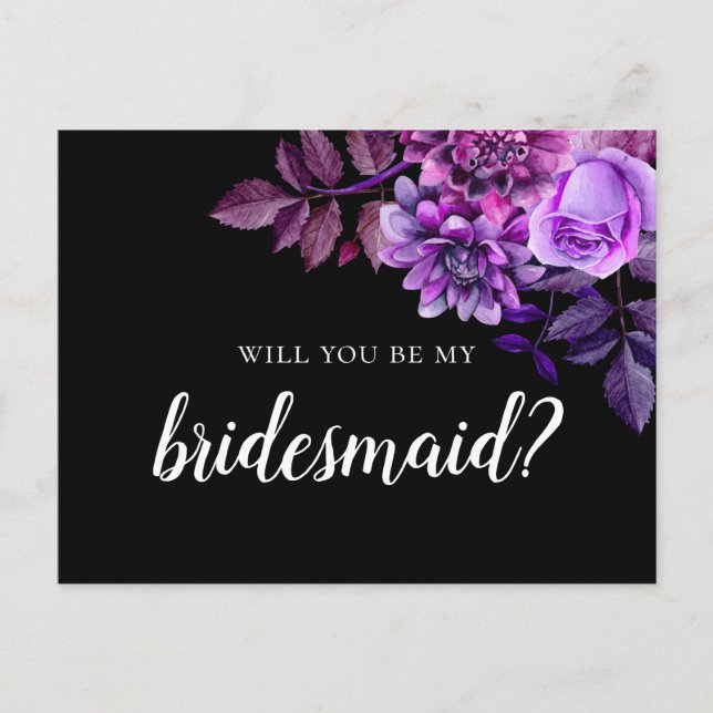 Will you be my bridesmaid Black and purple wedding Postcard (Front)