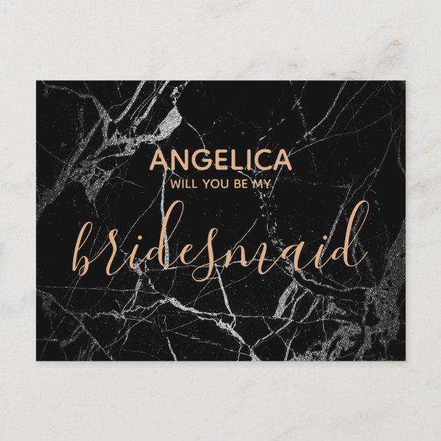 Will you be my bridesmaid black marble gold invitation postcard (Front)