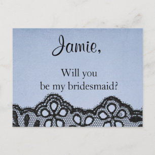 Will you be my bridesmaid blue and black faux lace invitation postcard