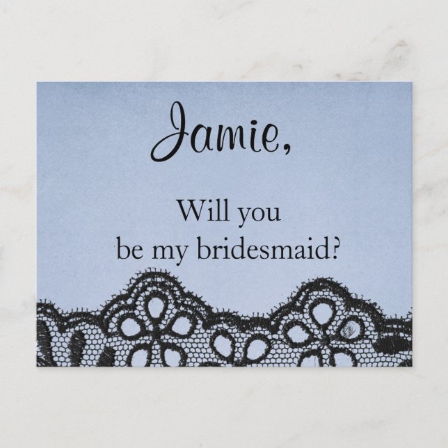 Will you be my bridesmaid blue and black faux lace invitation postcard (Front)