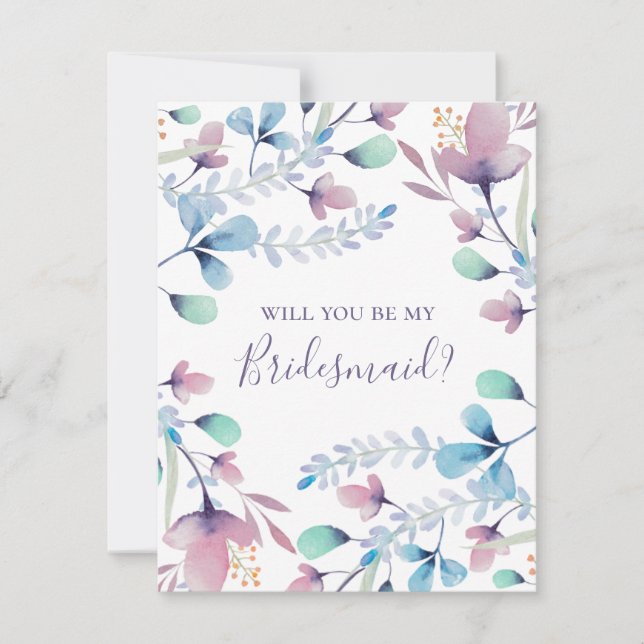 Will you be my bridesmaid. Blue and purple floral Invitation (Front)