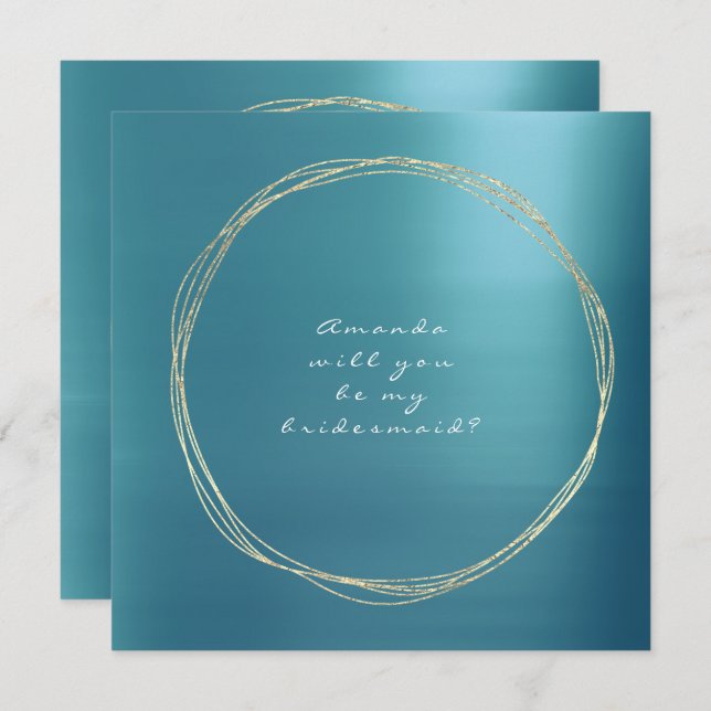Will You Be My Bridesmaid Blue Aqua Luxury Gold Invitation (Front/Back)