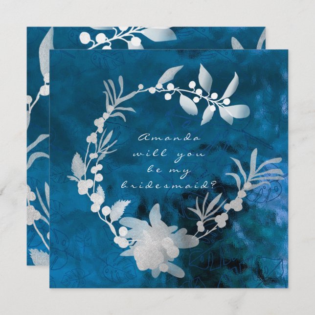 Will You Be My Bridesmaid Blue Glass Gray Wreath Invitation (Front/Back)