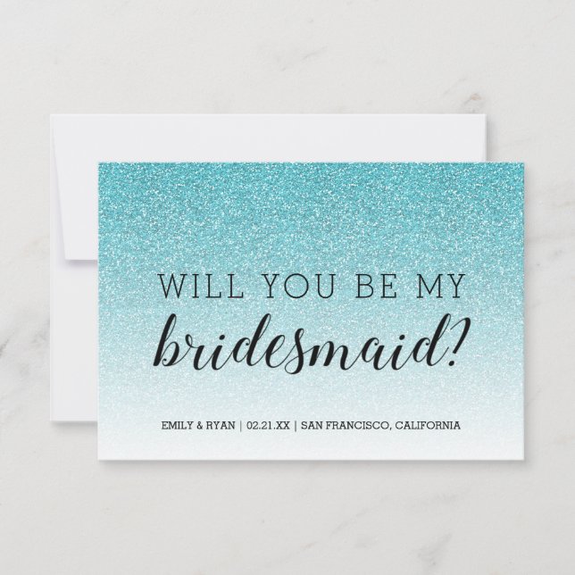 Will You Be My Bridesmaid Blue Glitter Ombre Invitation (Front)