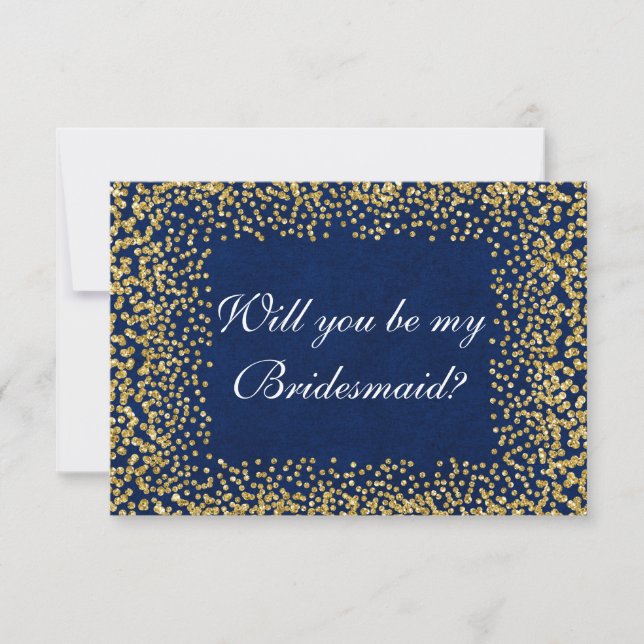 Will You Be My Bridesmaid Blue Gold Confetti Invitation (Front)