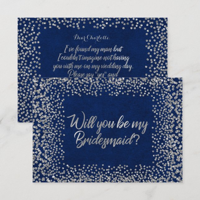 Will You Be My Bridesmaid Blue Navy Glitter Silver Invitation (Front/Back)