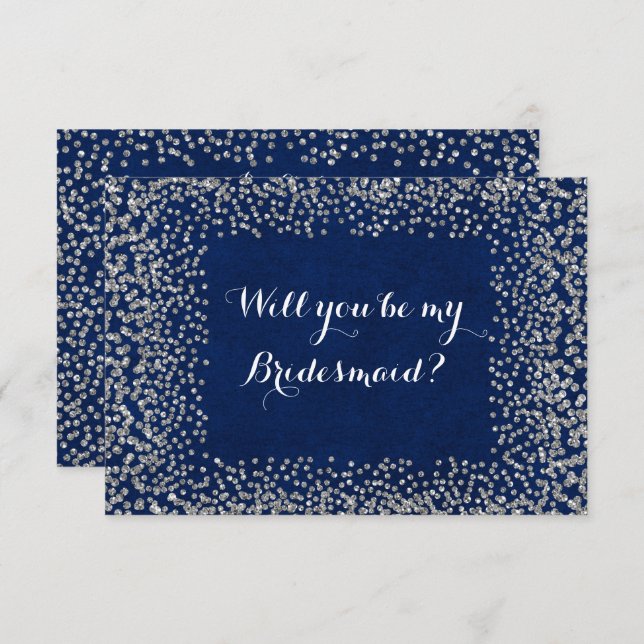 Will You Be My Bridesmaid Blue Navy Silver Gray Invitation (Front/Back)