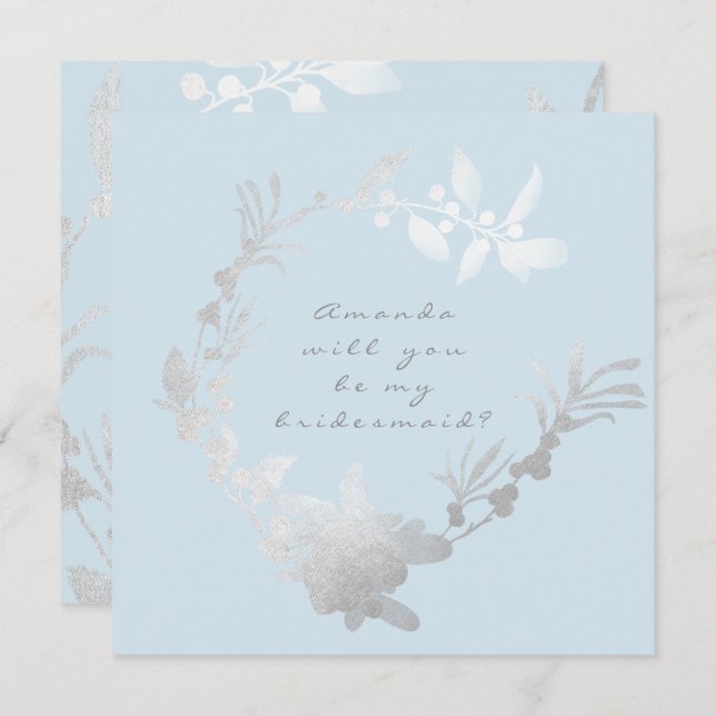 Will You Be My Bridesmaid Blue Pastel Gray Wreath Invitation (Front/Back)