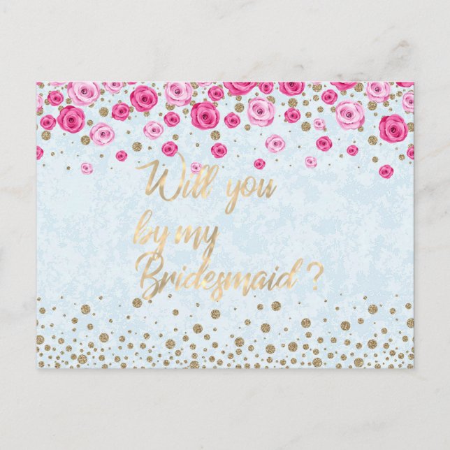 Will You Be My Bridesmaid Blue Pink Roses Confetti Invitation Postcard (Front)