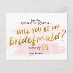 Will you be my bridesmaid Blush & Gold Watercolor Invitation Postcard