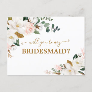 Will You Be My Bridesmaid Blush Pink Floral Gold Postcard