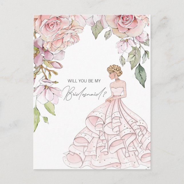 Will You Be My Bridesmaid Blush Pink Floral Invitation Postcard (Front)