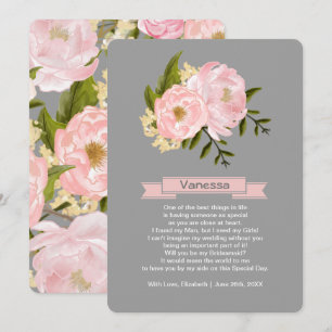 Will you be my Bridesmaid? Blush Pink Peonies Grey Invitation