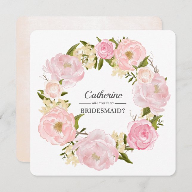 Will you be my Bridesmaid? Blush Pink Peony Wreath Invitation (Front/Back)