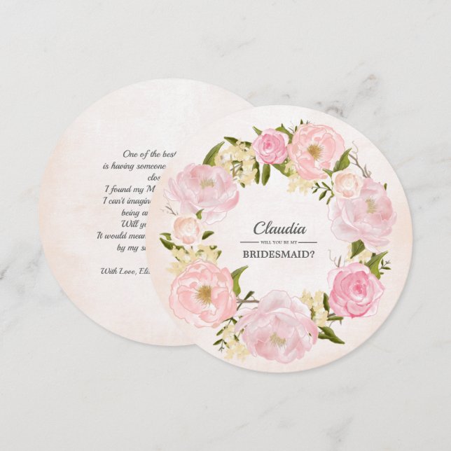 Will you be my Bridesmaid? Blush Pink Peony Wreath Invitation (Front/Back)