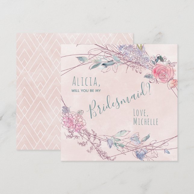 Will you be my bridesmaid blush watercolor roses invitation (Front/Back)