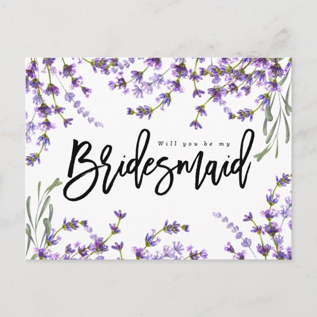 will you be my bridesmaid boho lavender floral announcement postcard (Front)