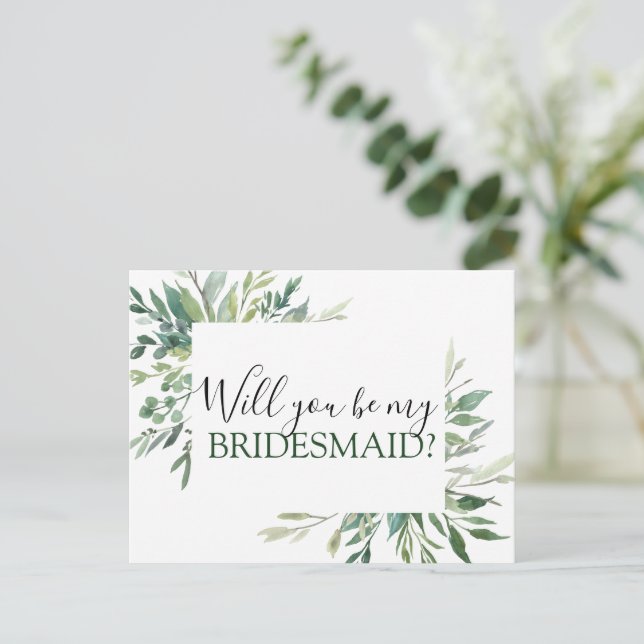 Will You be My Bridesmaid Botanical Greenery Annou Announcement Postcard (Standing Front)