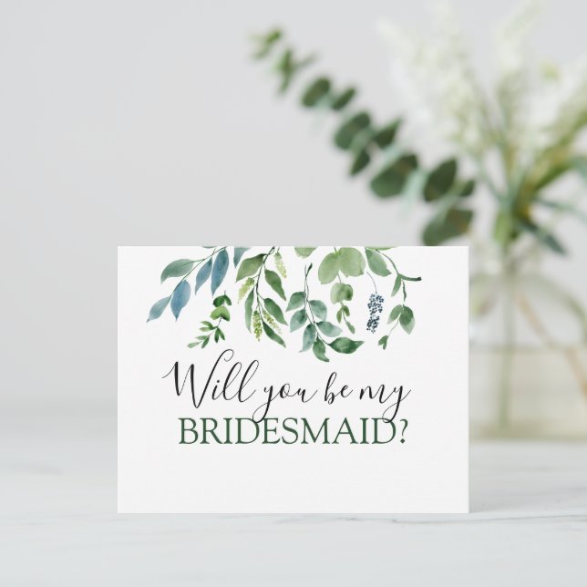 Will You be My Bridesmaid Botanical Greenery Announcement Postcard (Standing Front)