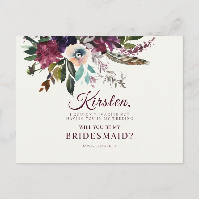Will You Be My Bridesmaid Burgundy Floral Ecru Postcard (Front)