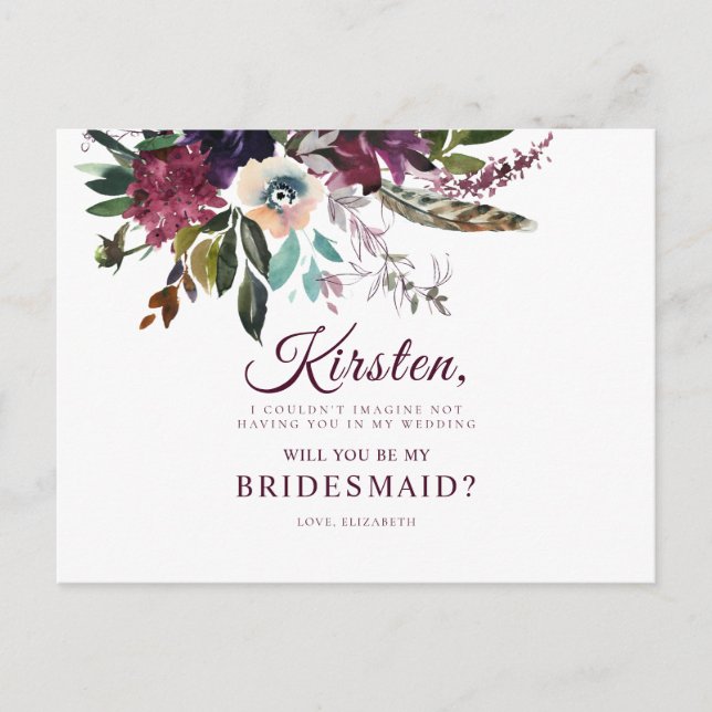 Will You Be My Bridesmaid Burgundy Floral Postcard (Front)