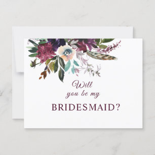 Will You Be My Bridesmaid Burgundy Floral Postcard