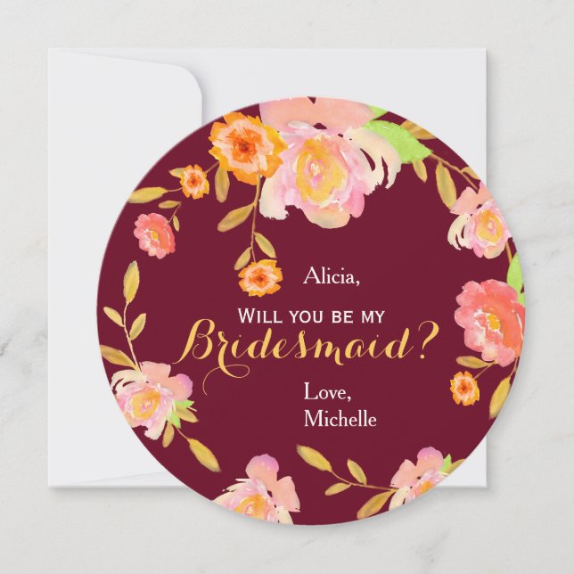 Will you be my bridesmaid burgundy floral wreath invitation (Front)