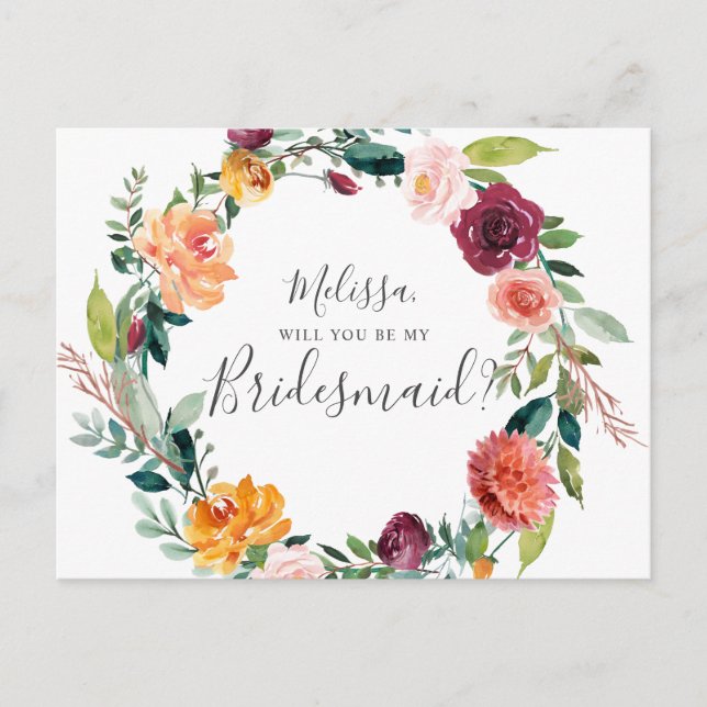 Will You Be my Bridesmaid Burgundy Flowers Invitation Postcard (Front)