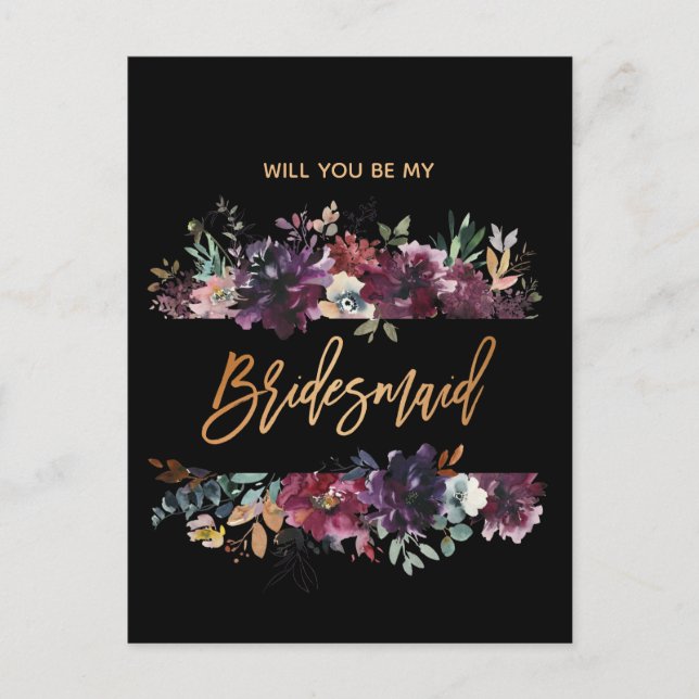 Will You Be My Bridesmaid Burgundy Marsala Floral Invitation Postcard (Front)