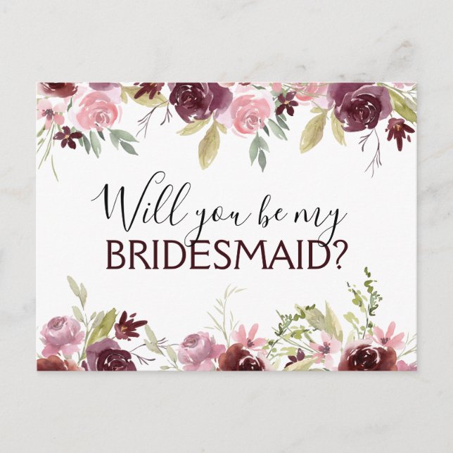 Will you Be My Bridesmaid Burgundy Pink Floral Announcement Postcard (Front)