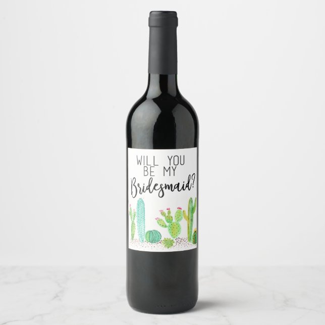 Will You Be My Bridesmaid? Cactus Wedding Favour Wine Label (Front)