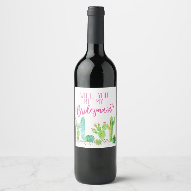 Will You Be My Bridesmaid? Cactus Wedding Favour Wine Label (Front)