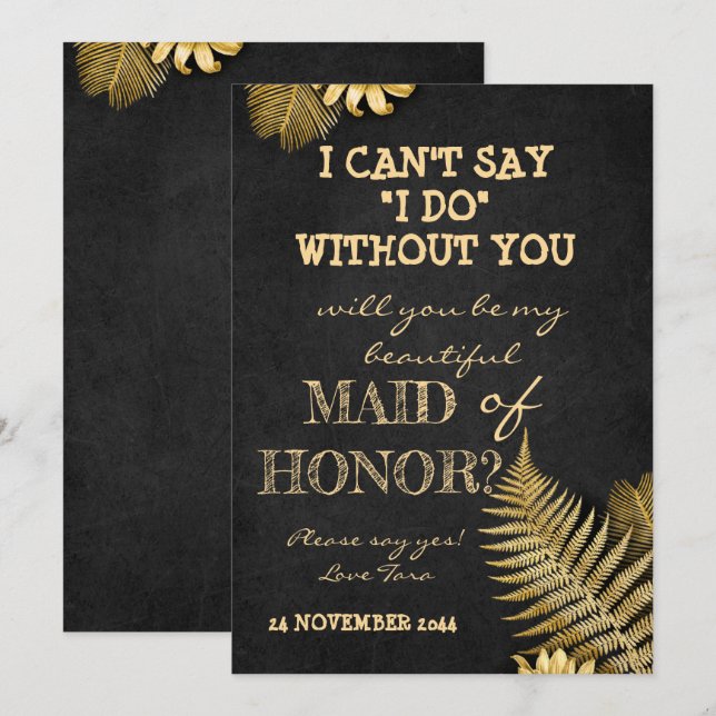 will you be my bridesmaid  card black and golden (Front/Back)
