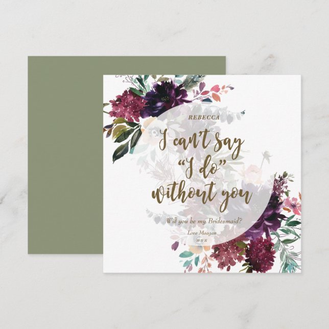 Will you be my bridesmaid card boho plum floral (Front/Back)